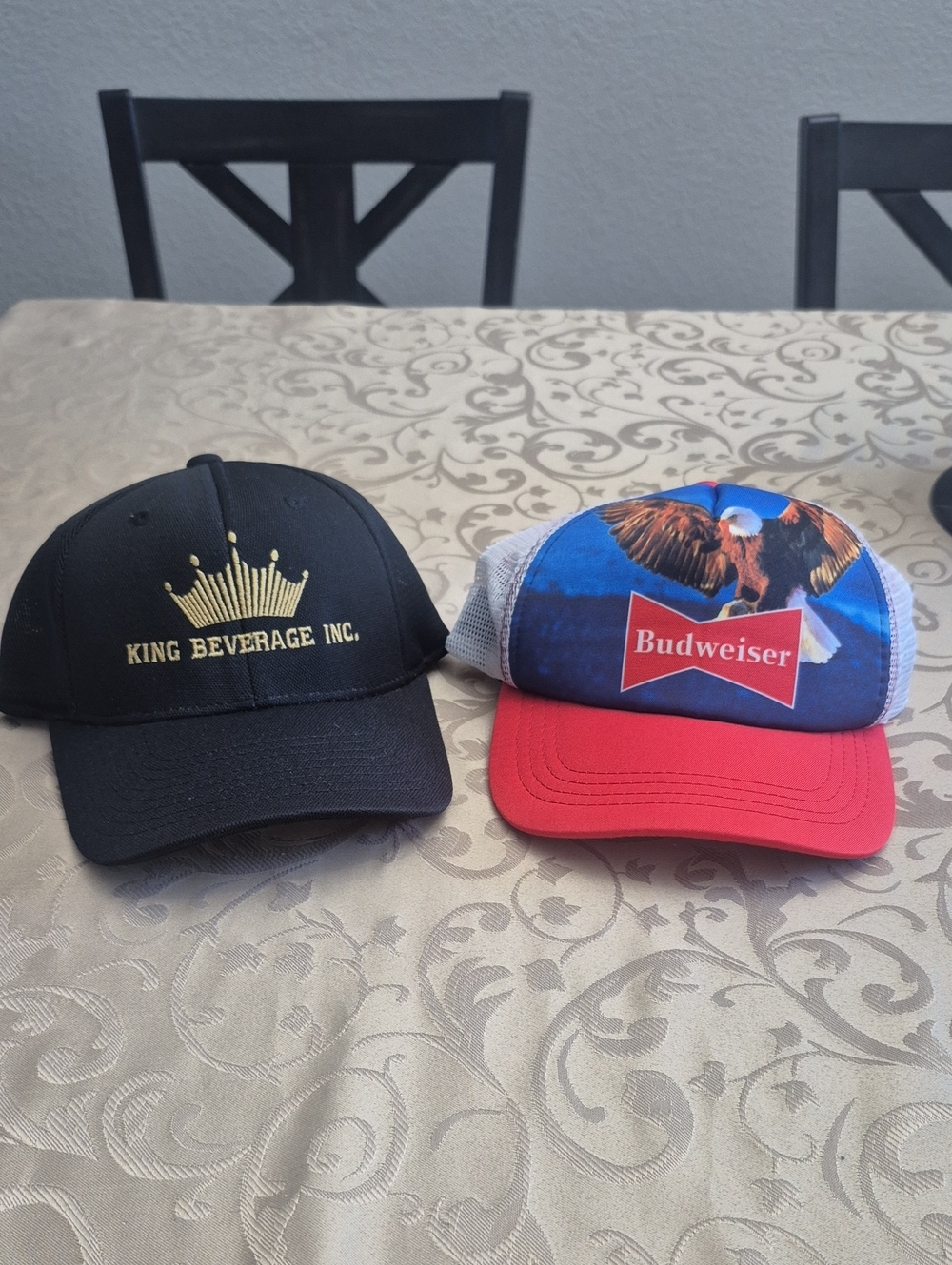 Pair Of Budweiser Hats. Red, White and Blue Eagle and Black and Gold Crown